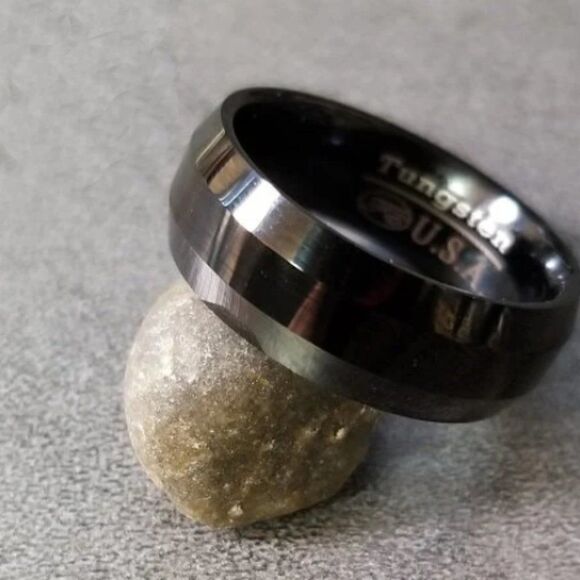 Men's Real Black Tungsten Wedding Ring  - Black Wedding Band For Guys Step Edges - Picture 3 of 5
